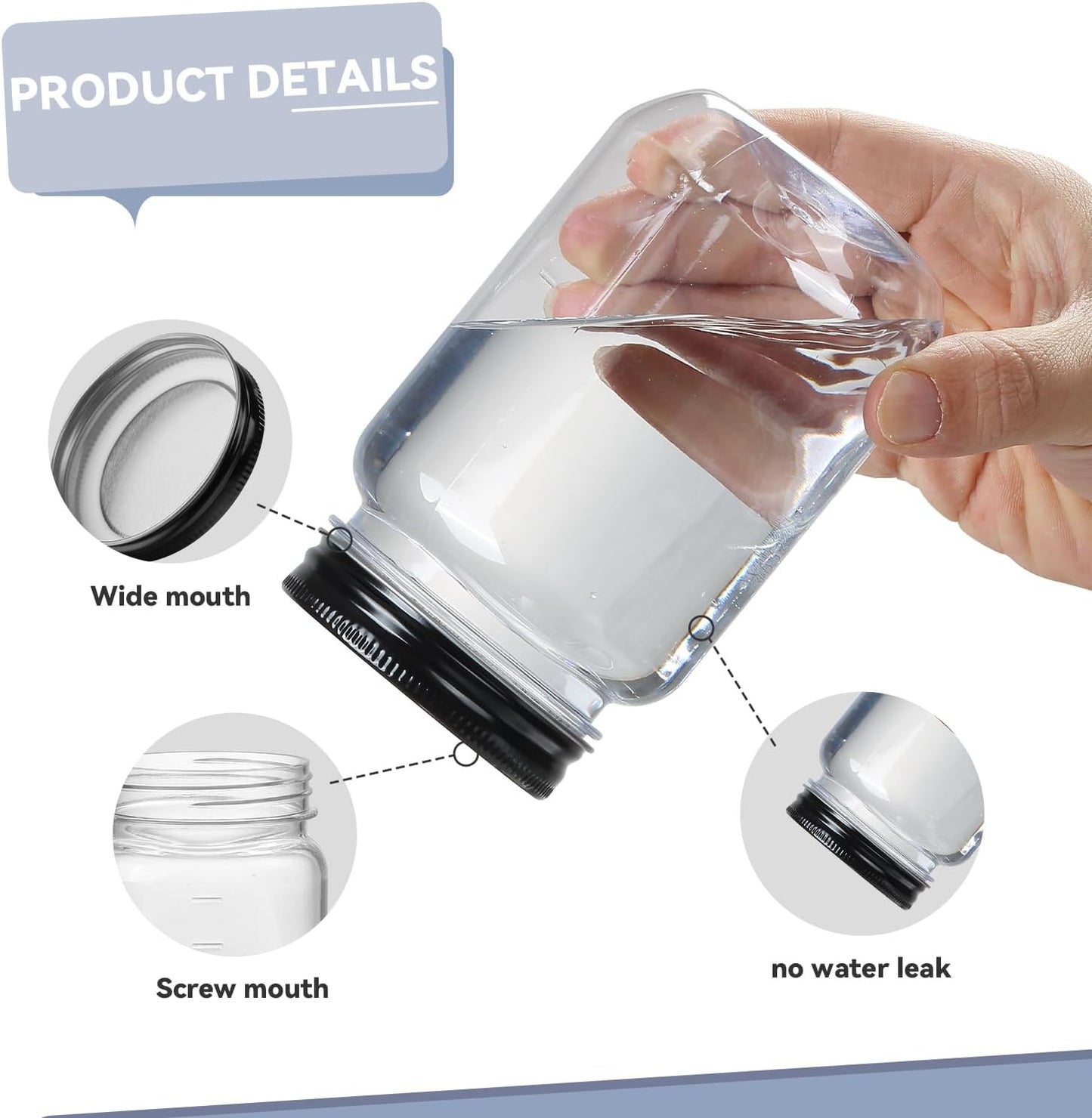 16 Ounce Clear Plastic Jars with Black Lids - Refillable round Clear Containers Clear Jars Storage Containers for Kitchen & Household Storage - BPA Free (10 Pack)