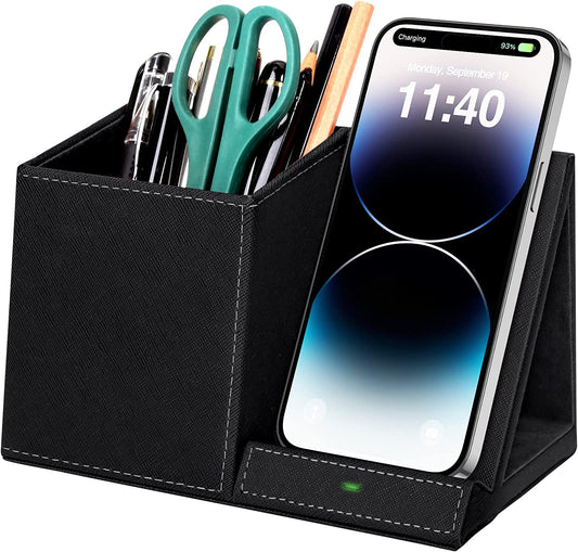 Wireless Charging Stand with Pen Holder, Compatible with Iphone 14/14 Pro Max/14 Pro/14 plus and Iphone 13/12/11 Series, Nightstand Desktop Organizer for Home Office Black